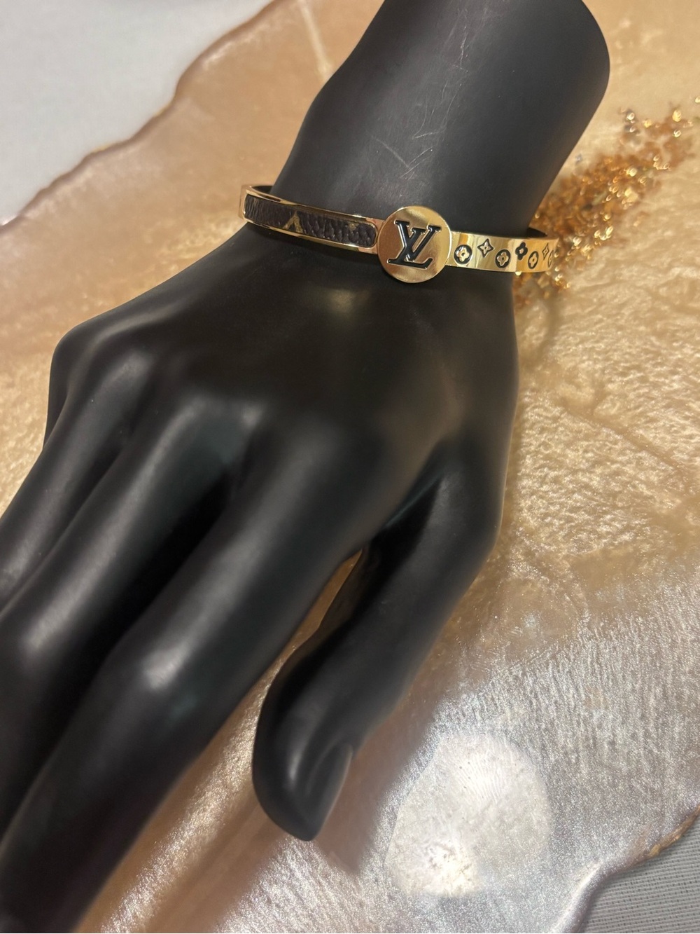 Gold Monogram Black Slim Bangle Bracelet